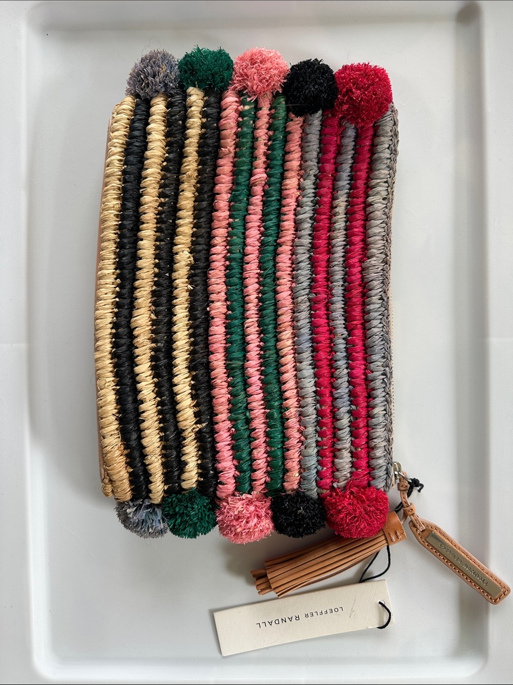 Loeffler Randall Multicolor Striped Woven Pom-Pom Clutch BRAND NEW WITH TAGS